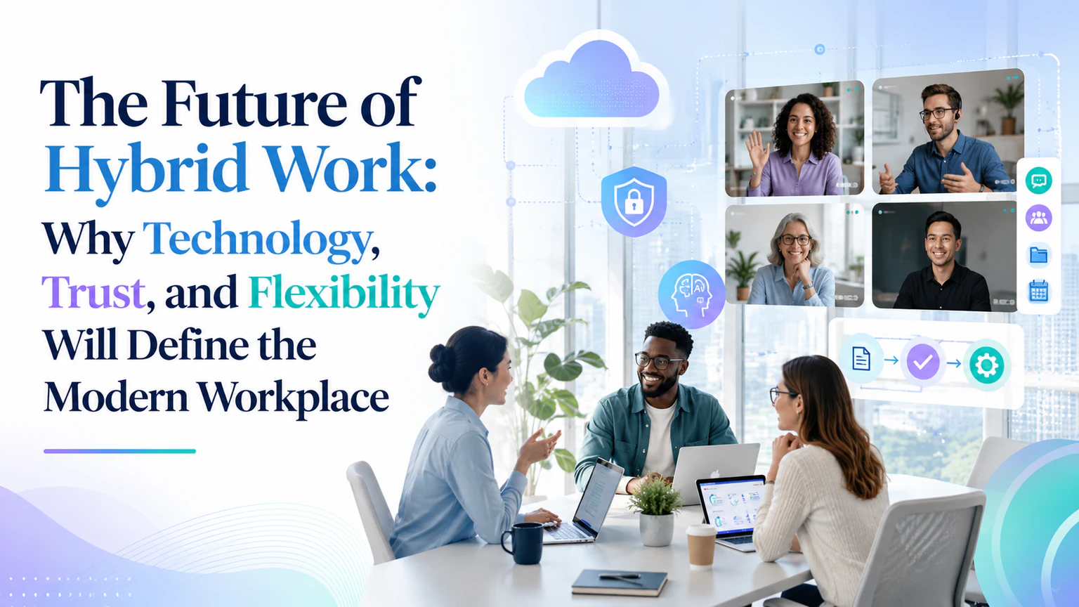 Featured artwork for The Future of Hybrid Work showing office collaboration, video meetings, cloud access, security, and digital workflow tools.