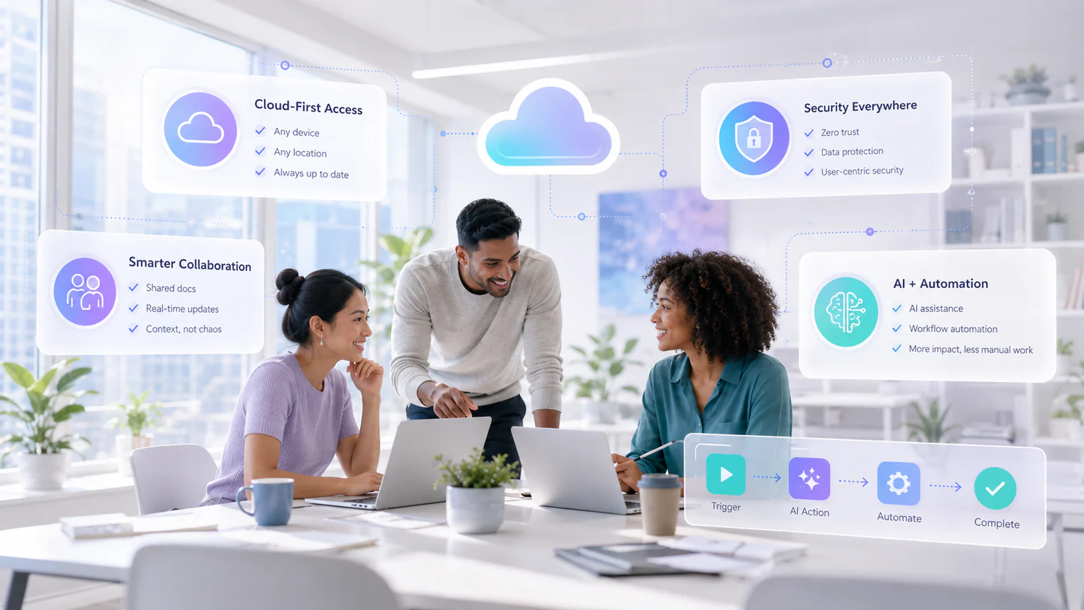 A hybrid work team collaborating in a bright office while visual panels highlight cloud access, security, shared documents, and AI automation.