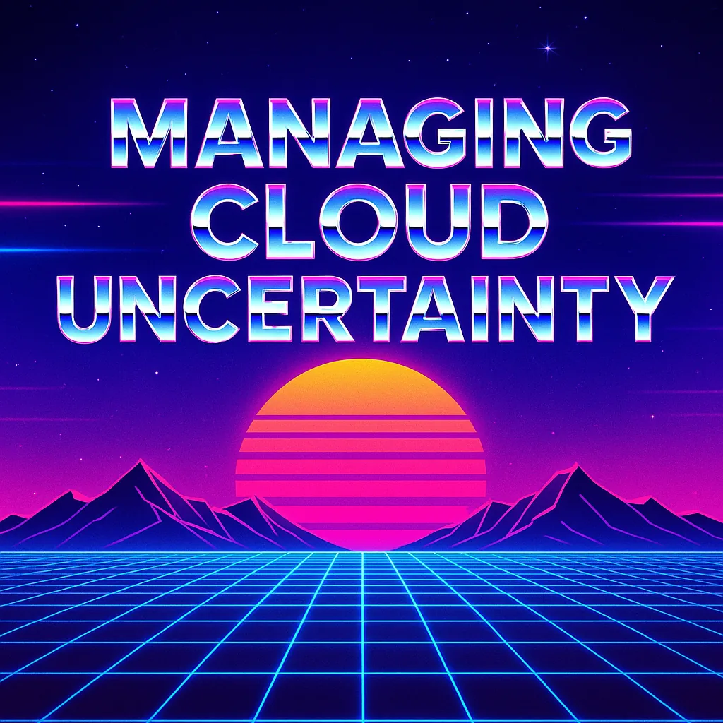 Retro neon artwork reading Managing Cloud Uncertainty above a digital grid landscape