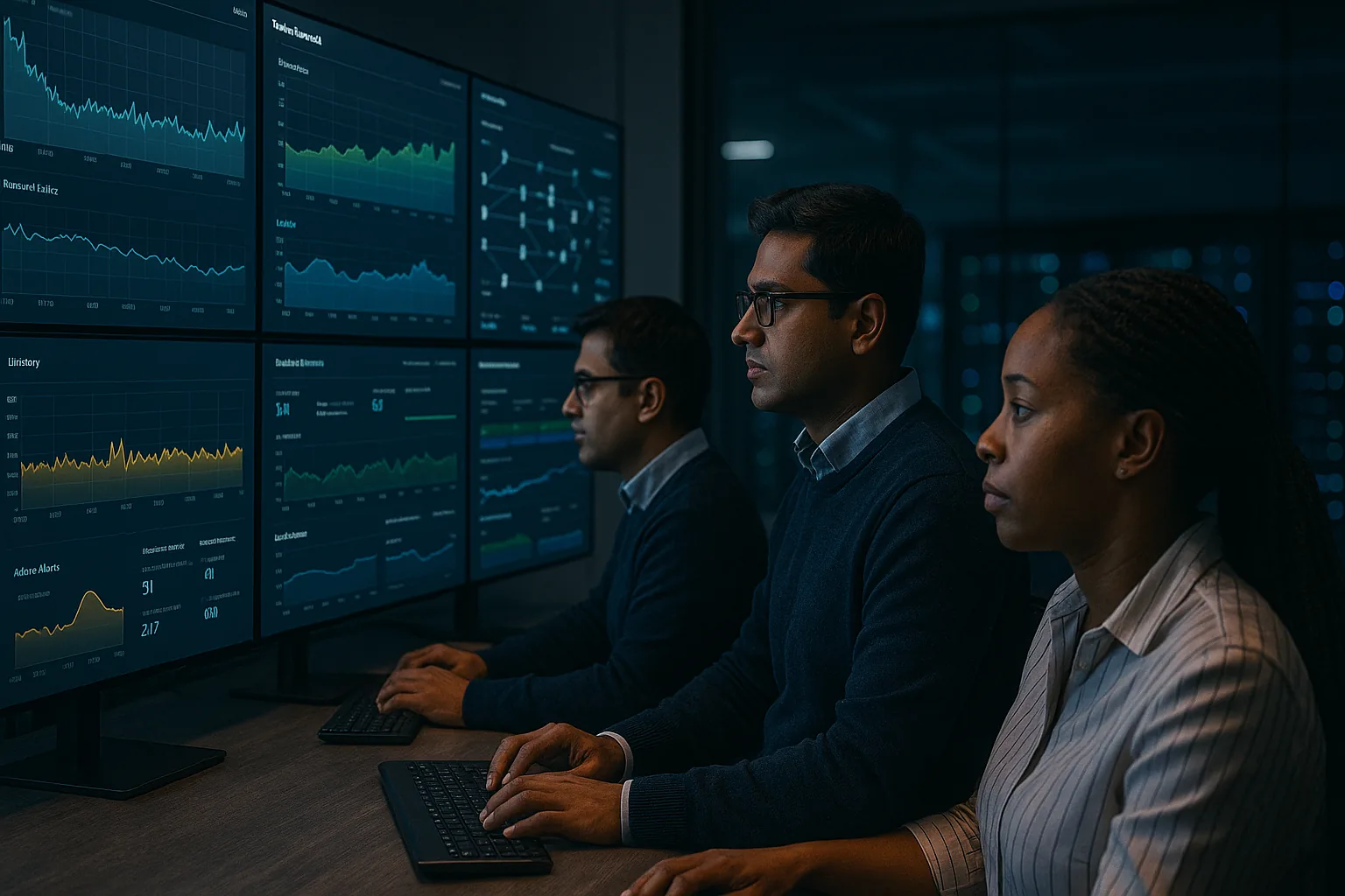 Infrastructure operations team reviewing system health and performance dashboards