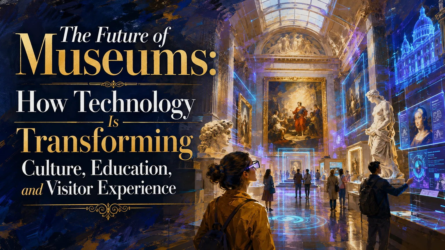 Featured artwork for The Future of Museums showing a historic gallery transformed by immersive digital exhibits and interactive technology.