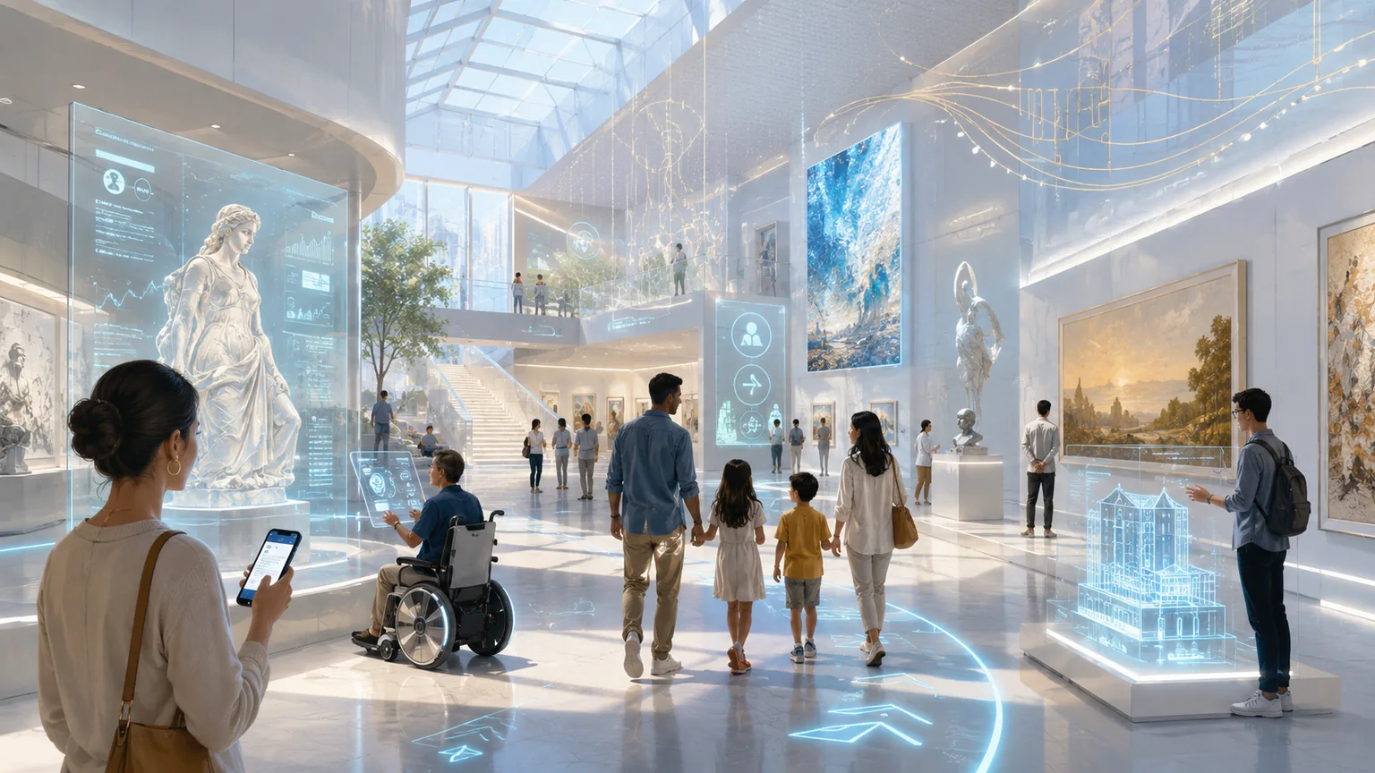 Visitors of different ages and abilities explore a bright museum enhanced by digital guides, interactive displays, and immersive exhibit technology.