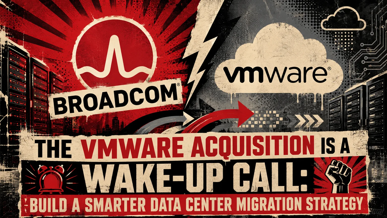 Featured graphic contrasting Broadcom and VMware data center imagery with a red migration arrow and the headline The VMware Acquisition Is a Wake-Up Call, Build a Smarter Data Center Migration Strategy.