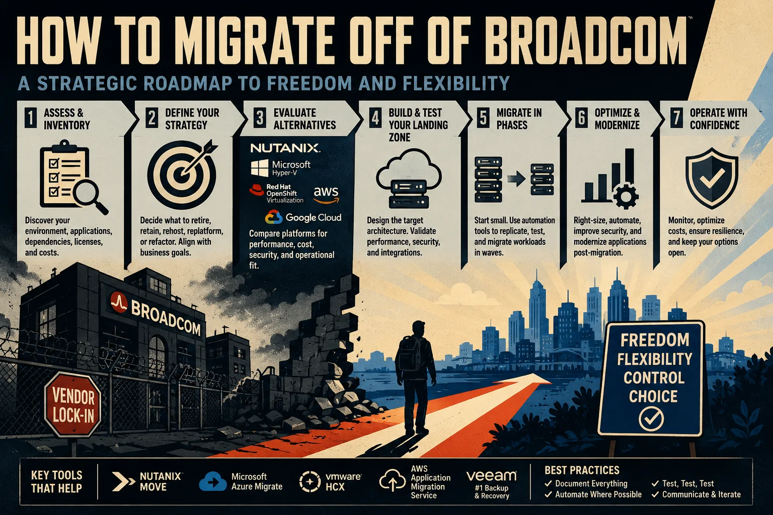 Illustrated seven-step roadmap for moving from a Broadcom and VMware-dependent environment: assess the inventory, define the strategy, evaluate alternatives, test a landing zone, migrate in phases, optimize the platform, and operate with security, resilience, flexibility, and cost control.