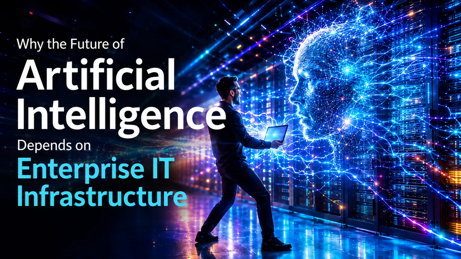 A technology leader carrying a laptop toward a luminous artificial intelligence figure inside a blue-lit enterprise data center.