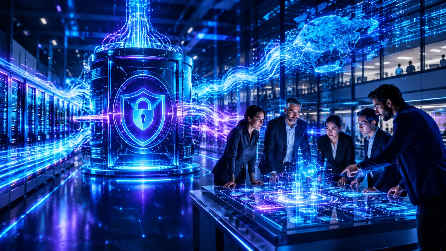 A cybersecurity and infrastructure team collaborating around an interactive command table beside a protected data platform in an enterprise operations center.