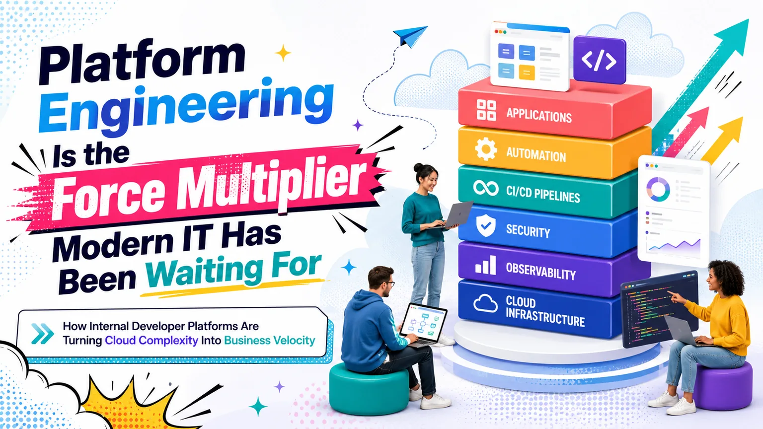 An illustrated platform engineering stack connects applications, automation, CI/CD, security, observability, and cloud infrastructure while engineering teams collaborate around it.