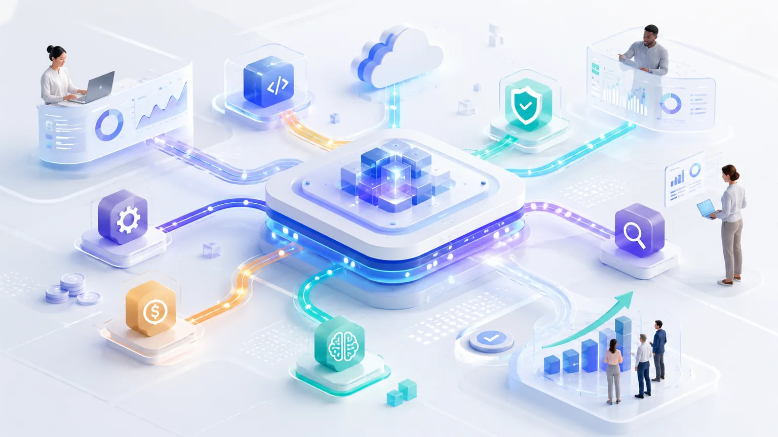 A central internal developer platform connects cloud infrastructure, code, security, observability, automation, artificial intelligence, cost controls, and business outcomes.
