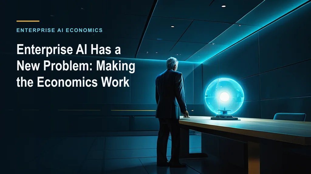 An enterprise technology leader studies a glowing AI system in a dark cyan and gold executive boardroom beside the article title.