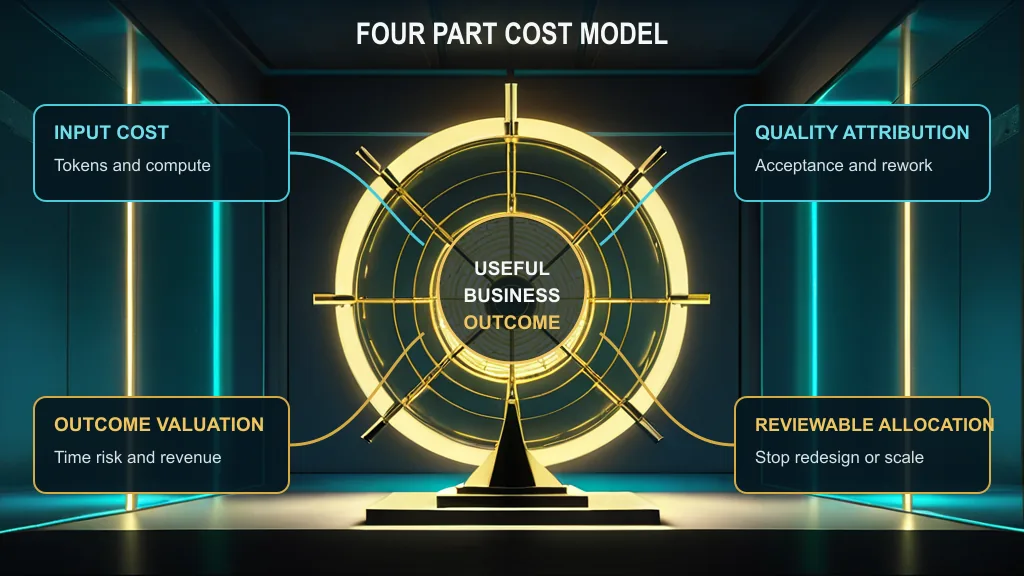 Four part enterprise AI cost model connecting input cost, quality attribution, outcome valuation, and reviewable allocation around a luminous useful business outcome.