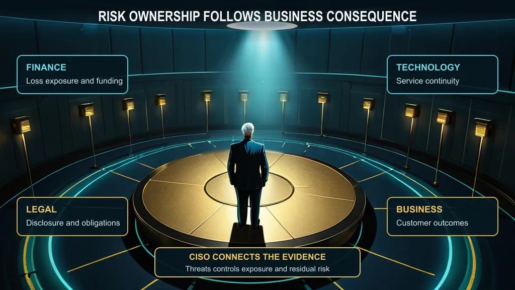 Executive cyber risk ownership model connecting finance, technology, legal, and business consequences through evidence coordinated by the CISO.