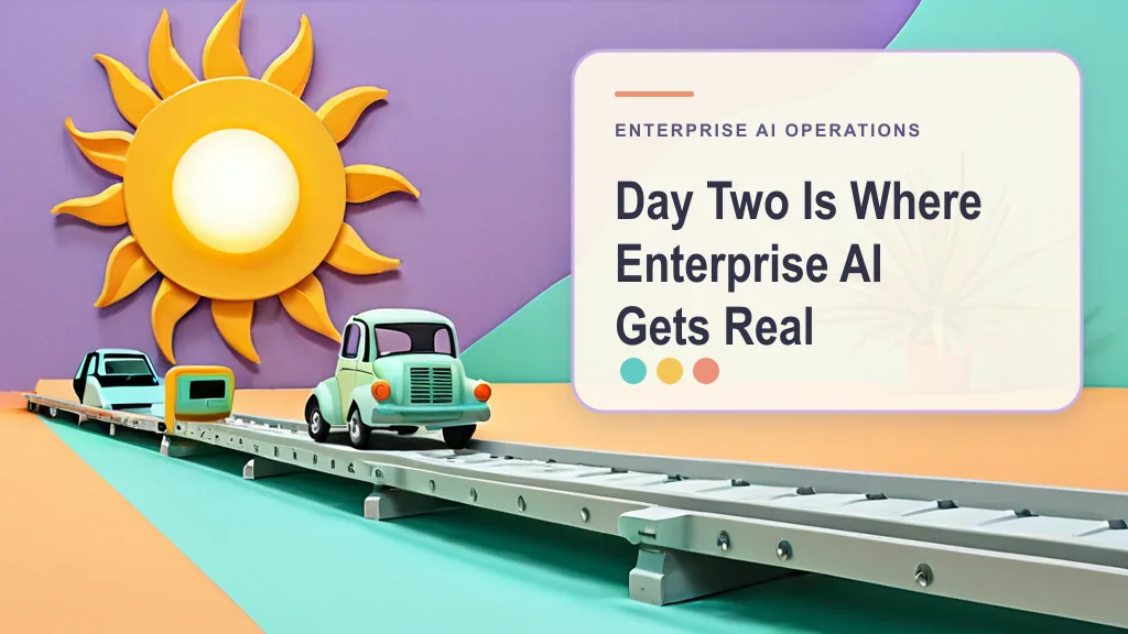 Una cinta de servicio de tonos pastel transporta pequeños vehículos de operaciones de IA bajo el título del artículo, como representación del trabajo que comienza después del lanzamiento.