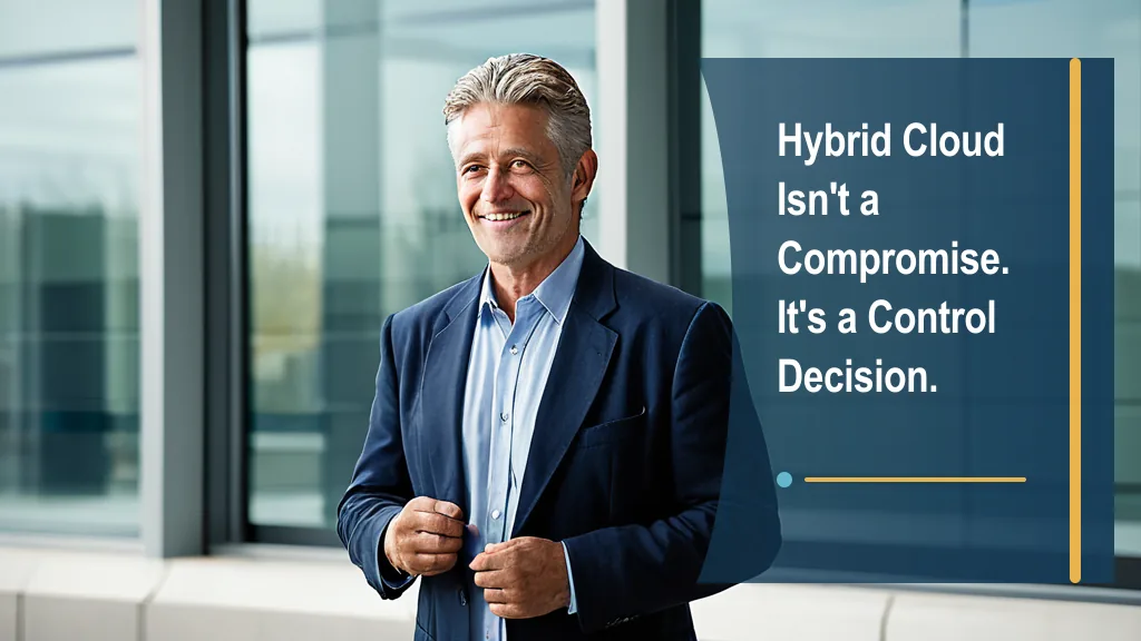 A confident technology leader smiles in a bright glass-walled technology workspace, representing deliberate control over hybrid cloud decisions.