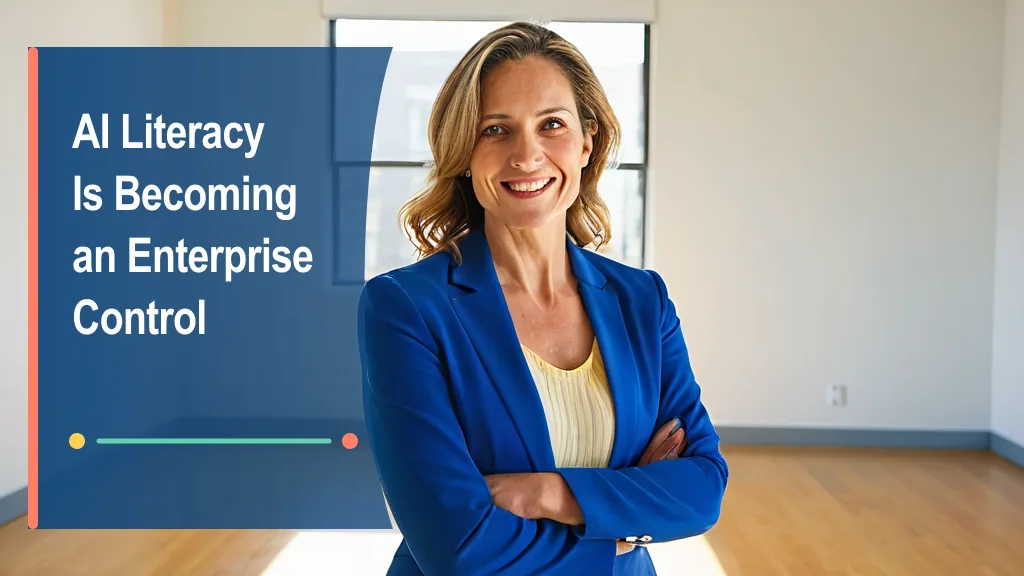 A smiling technology facilitator in a cobalt blazer stands in a bright learning studio, representing confident and practical AI literacy.