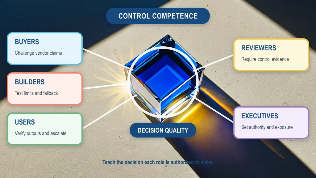 Five role cards for buyers, builders, users, reviewers, and executives connect to a glass cube labeled decision quality.