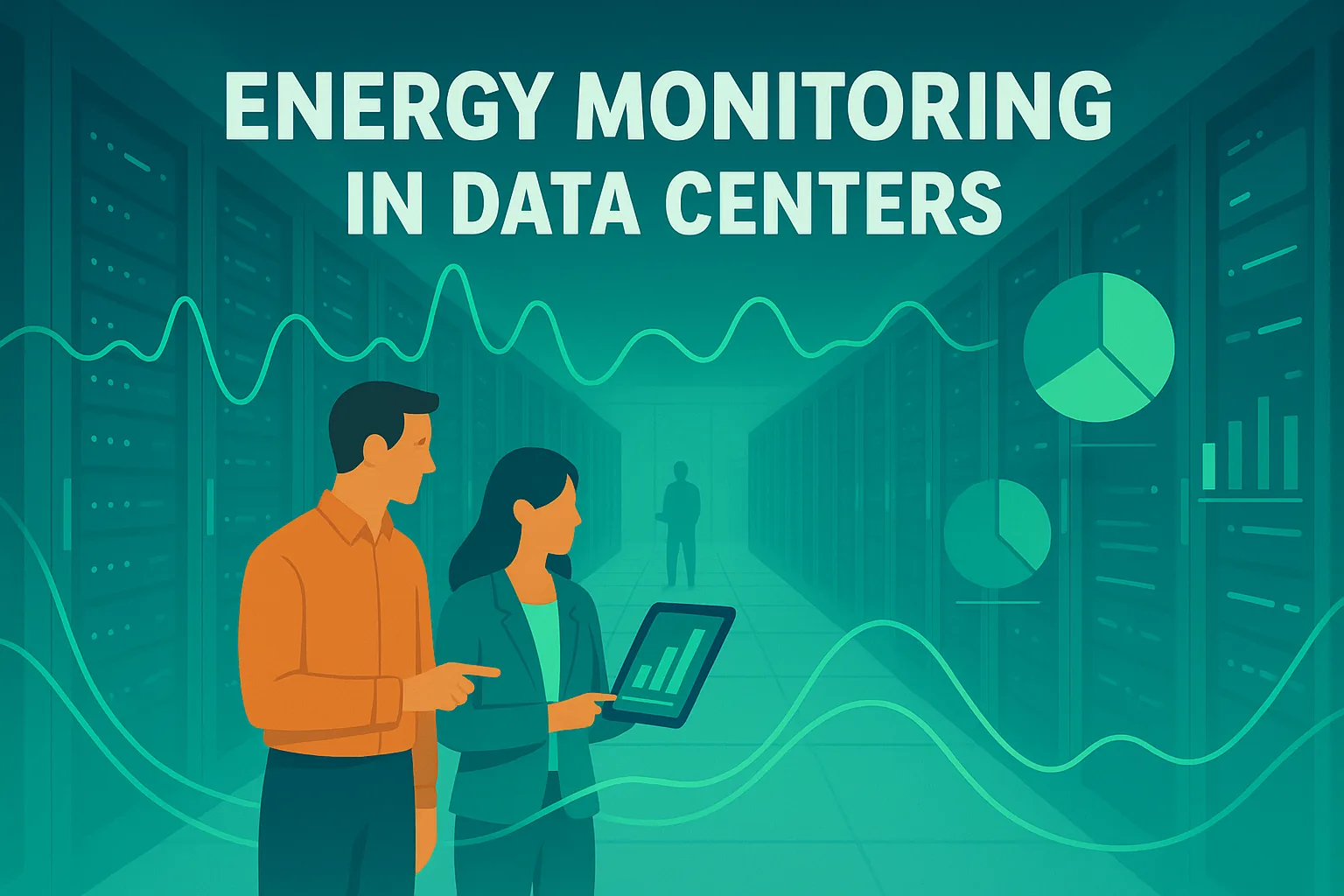 Illustration of IT professionals reviewing energy monitoring data in a data center