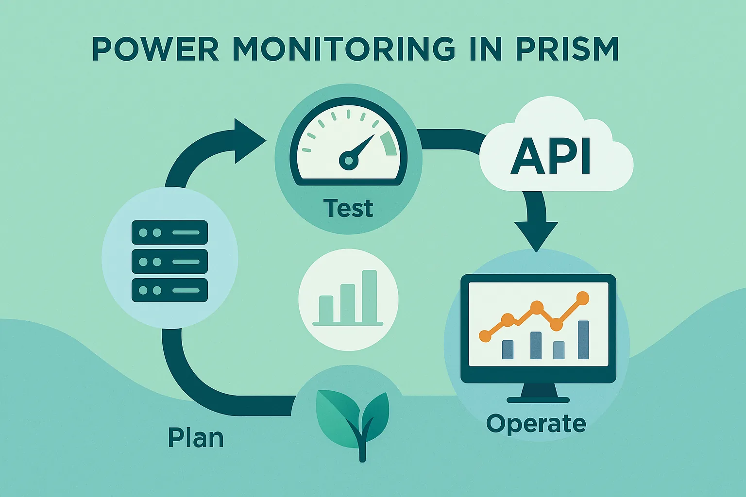 Diagram showing power monitoring data moving through planning, testing, API integration, and operations