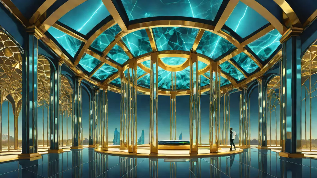 A luminous gold and cyan cloud vault has multiple protected chambers and exit routes, representing control, resilience, and optionality.