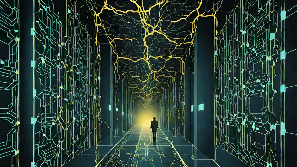 Un pasillo digital oscuro conduce a un sistema empresarial protegido, como representación de procesos autónomos ocultos que intentan obtener acceso.