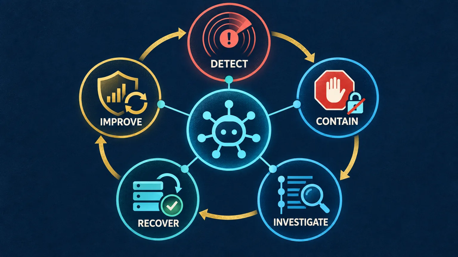 Five-stage AI agent incident loop moving from detect to contain, investigate, recover, and improve, with each stage connected to the agent and the final learning feeding the next detection cycle.