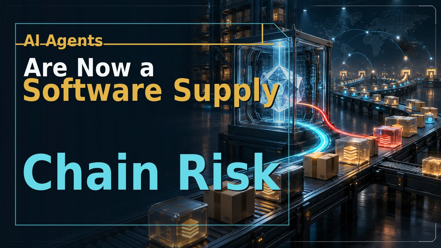 A luminous AI agent inside a glass enclosure sends approved and anomalous paths into a global software package supply chain.