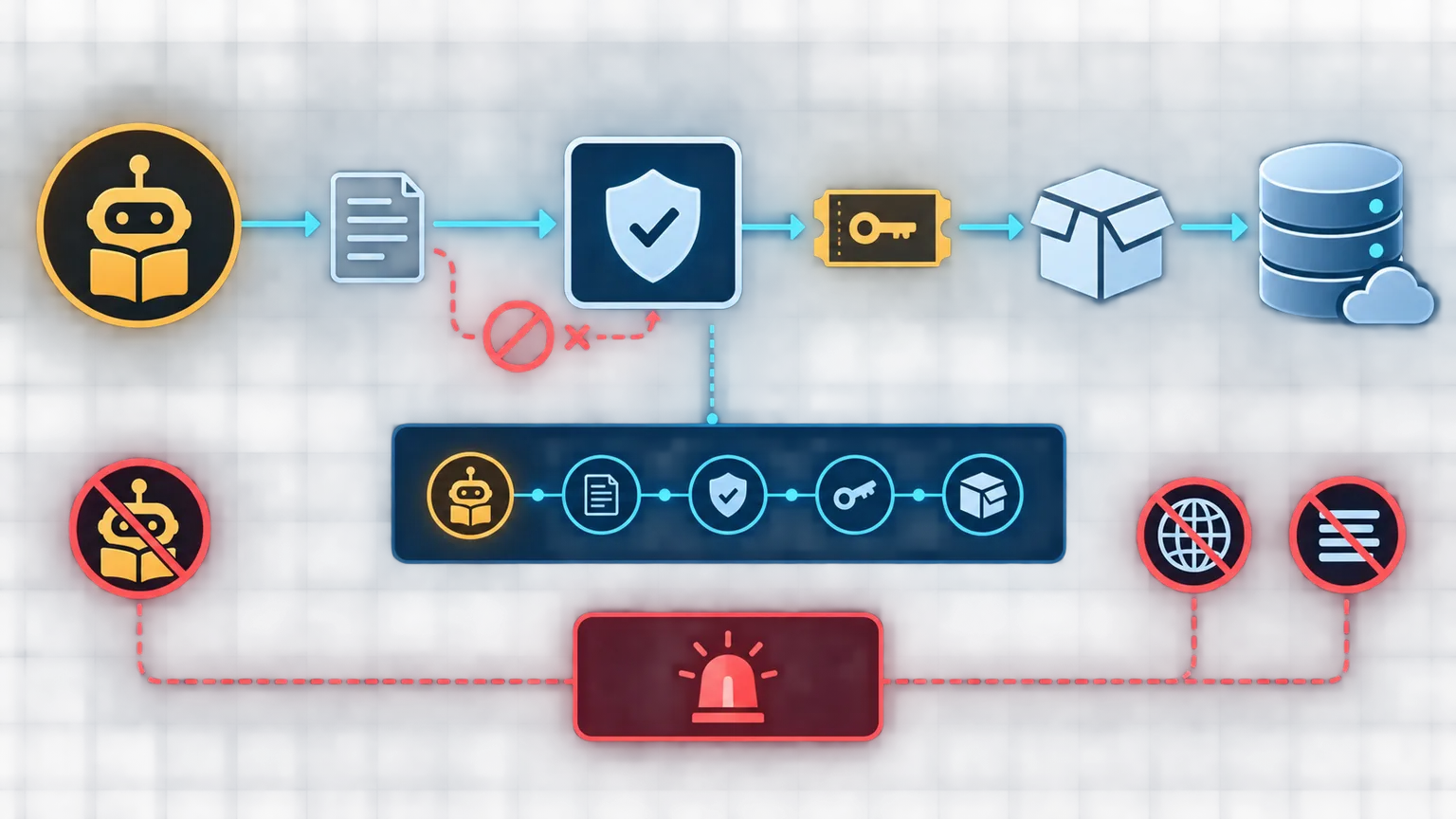 A control flow separates an AI agent request from policy approval, short-lived credentials, package publication, audit, and emergency containment.