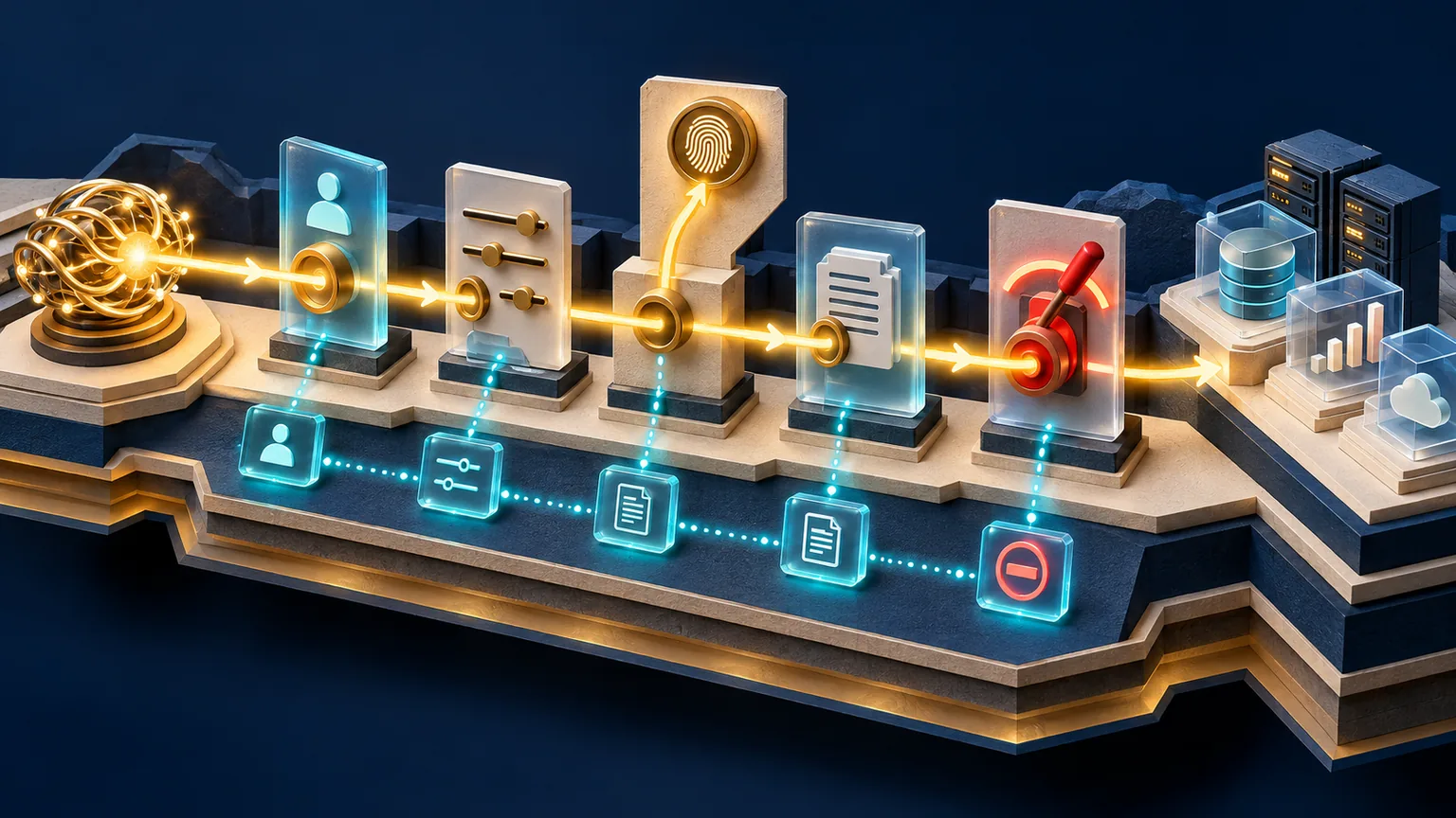 A gold agent action passes through identity, permission, approval, evidence, and emergency-stop checkpoints before reaching enterprise applications and infrastructure.