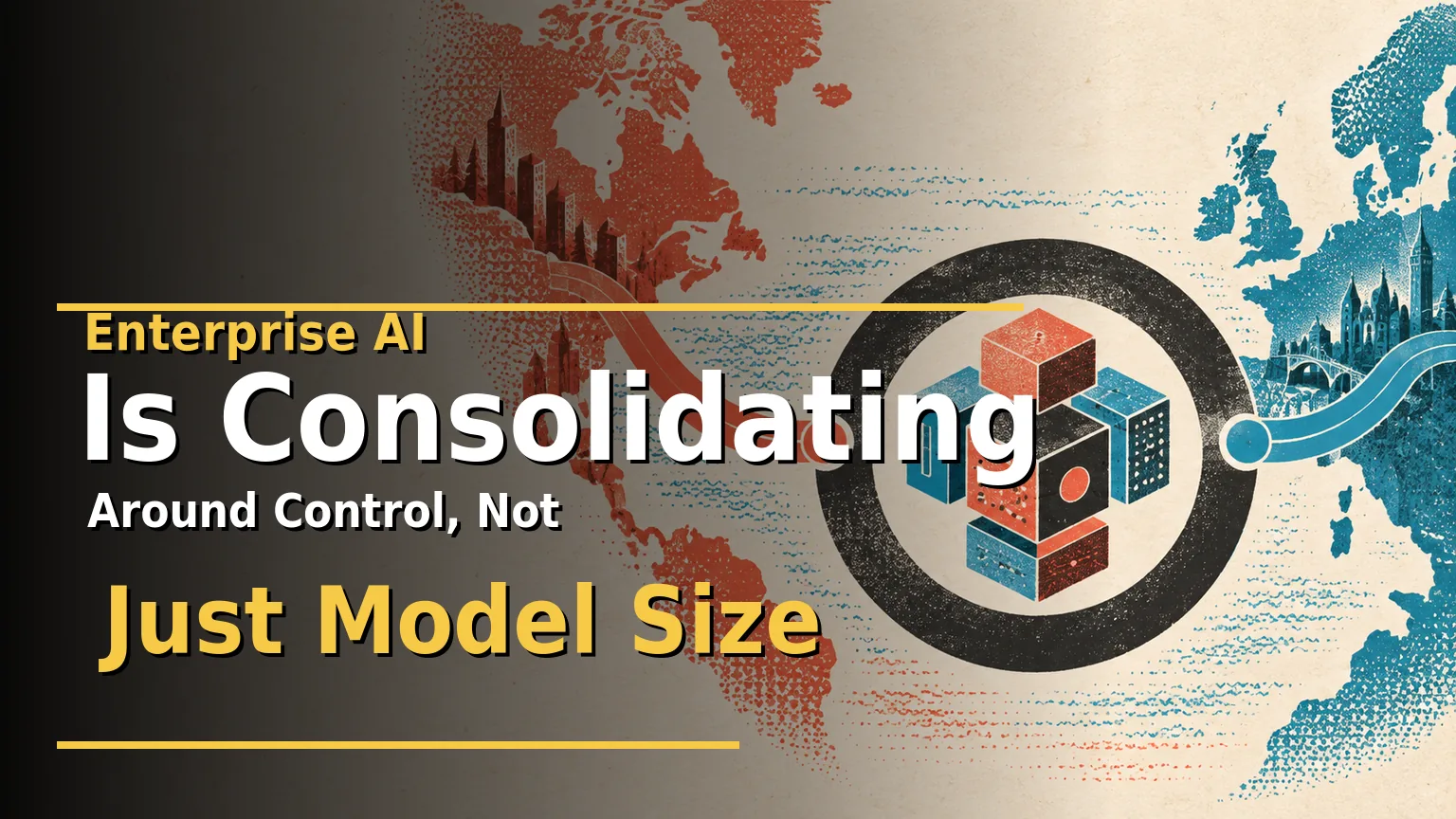 A risograph control ring connects Canadian and European technology landscapes around a modular AI core.